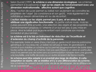  Selon Ducret (1997), le schème a une dimension écologique. Les schèmes
permettent à la personne d’agir sur les objets de l’environnement avec une
dimension motivationnelle, affective autant que cognitive.
 Ainsi, l’action de sucer permet au bébé non seulement de connaître les
propriétés de l’objet (sa consistance et son goût), mais également de
satisfaire un besoin alimentaire et/ ou de réconfort.
 L’action menée sur les objets permet peu à peu, et en retour de leur
attribuer une signification fonctionnelle : la petite voiture roule, mais les
cubes peuvent être empilés. Une sélection des objets et des propriétés de
l’environnement propices à l’atteinte d’un but est peu à peu mise en
place. Ainsi le bébé puis le jeune enfant vont construire son monde
immédiat et plus lointain.
 Le schème est à la fois un instrument de réduction de l’incertitude et
d’extension du champ d’activité de la personne.
 Par exemple, boire un verre d'eau n'est pas un geste inscrit dans le patrimoine
génétique. Un nouveau-né, un bébé ne sait pas le faire. En grandissant, il
construit puis stabilise un schème qui lui permet progressivement de boire dans
toutes sortes de verre. Le schème n'est pas spécifique à un verre en particulier,
mais il ne permet pas de boire sans accommodation notable dans une gourde,
une bouteille, une boîte de soda ou un autre récipient de forme insolite.
 Un schème peut être adapté à un éventail plus large de situation. Si cette
adaptation se répète, elle se stabilise et il y a une différenciation du schème.
Nos schèmes ne cessent durant notre vie de se développer, de se différencier,
de se coordonner…
©PhilippeClauzard,MCFUniversitédelaRéunion/ESPE
 