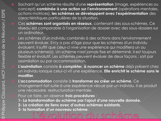 Sachant qu’un schème résulte d'une représentation (image, expériences ou
concept) combinée à une action sur l’environnement (opérations mentales,
actions motrices), les schèmes se développent avec l'expérimentation des
caractéristiques particulières de la situation.
 Ces schèmes sont organisés en réseaux, contenant des sous-schèmes. Ce
réseau est comparable à l'organisation de dossier avec des sous-dossiers sur
un ordinateur.
 Les schèmes d'un individu combinés à des actions dans l'environnement
peuvent évoluer. Il n'y a pas d'âge pour que les schèmes d'un individu
évoluent, il suffit que celui-ci vive une expérience qui modifiera un ou
plusieurs schème(s). Un schème n'est jamais fixe et déterminé. Il est toujours
flexible et évolutif. Les schèmes peuvent évoluer de deux façons ; soit par
assimilation ou par accommodation.
 L'assimilation consiste à compléter, à nuancer un schème déjà présent chez
un individu lorsque celui-ci vit une expérience. Elle enrichit le schème sans le
modifier.
 L'accommodation consiste à transformer ou créer un schème. Ce
changement fait suite à une expérience vécue par un individu. Il se produit
une nécessaire restructuration mentale.
 Pour ce faire, on observe trois procédures :
1- La transformation du schème par l'ajout d’une nouvelle donnée.
2- La création de liens avec d’autres schèmes existants.
3- la formation d’un nouveau schème.
©PhilippeClauzard,MCFUniversitédelaRéunion/ESPE
 