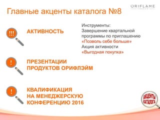 Главные акценты каталога №8
КВАЛИФИКАЦИЯ
НА МЕНЕДЖЕРСКУЮ
КОНФЕРЕНЦИЮ 2016
АКТИВНОСТЬ
Инструменты:
Завершение квартальной
программы по приглашению
«Позволь себе больше»
Акция активности
«Выгодная покупка»
ПРЕЗЕНТАЦИИ
ПРОДУКТОВ ОРИФЛЭЙМ
 