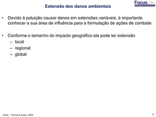 12
• Devido à poluição causar danos em extensões variáveis, é importante
conhecer a sua área de influência para a formulação de ações de combate
• Conforme o tamanho do impacto geográfico ela pode ter extensão
– local
– regional
– global
Fonte: Thomas & Callan, 2009
Extensão dos danos ambientais
 
