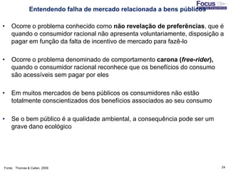 24
• Ocorre o problema conhecido como não revelação de preferências, que é
quando o consumidor racional não apresenta voluntariamente, disposição a
pagar em função da falta de incentivo de mercado para fazê-lo
• Ocorre o problema denominado de comportamento carona (free-rider),
quando o consumidor racional reconhece que os benefícios do consumo
são acessíveis sem pagar por eles
• Em muitos mercados de bens públicos os consumidores não estão
totalmente conscientizados dos benefícios associados ao seu consumo
• Se o bem público é a qualidade ambiental, a consequência pode ser um
grave dano ecológico
Fonte: Thomas & Callan, 2009
Entendendo falha de mercado relacionada a bens públicos
 