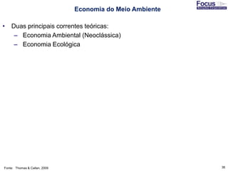 36
• Duas principais correntes teóricas:
– Economia Ambiental (Neoclássica)
– Economia Ecológica
Fonte: Thomas & Callan, 2009
Economia do Meio Ambiente
 