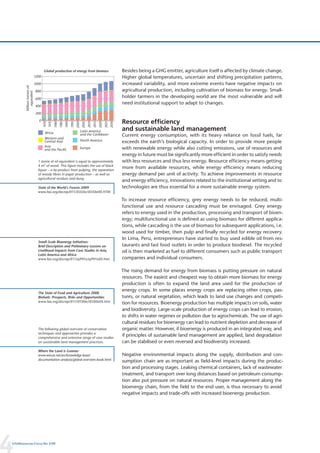 Global production of energy from biomass                                                    Besides being a GHG emitter, agriculture itself is affected by climate change.
                             1200                                                                                               Higher global temperatures, uncertain and shifting precipitation patterns,
                             1000                                                                                               increased variability, and more extreme events have negative impacts on
        Millons tonnes oil




                             800                                                                                                agricultural production, including cultivation of biomass for energy. Small-
            equivalent




                             600
                                                                                                                                holder farmers in the developing world are the most vulnerable and will
                                                                                                                                need institutional support to adapt to changes.
                             400

                             200

                               0
                                                                                                                                Resource efficiency
                                    1970
                                           1975
                                                  1980
                                                         1985
                                                                1990
                                                                       1995
                                                                              2000
                                                                                      2005
                                                                                             2010
                                                                                                    2015
                                                                                                           2020
                                                                                                                  2025
                                                                                                                         2030




                                     Africa                                          Latin America                              and sustainable land management
                                                                                     and the Caribbean                          Current energy consumption, with its heavy reliance on fossil fuels, far
                                     Western and
                                     Central Asia                                    North America                              exceeds the earth’s biological capacity. In order to provide more people
                                     Asia
                                     and the Pacific                                 Europe                                     with renewable energy while also cutting emissions, use of resources and
                                                                                                                                energy in future must be significantly more efficient in order to satisfy needs
                               1 tonne of oil equivalent is equal to approximately                                              with less resources and thus less energy. Resource efficiency means getting
                               4 m3 of wood. This figure includes the use of black
                               liquor – a by-product from pulping, the separation
                                                                                                                                more from available resources, while energy efficiency means reducing
                               of woody fibres in paper production – as well as                                                 energy demand per unit of activity. To achieve improvements in resource
                               agricultural residues and dung.
                                                                                                                                and energy efficiency, innovations related to the institutional setting and to
                               State of the World’s Forests 2009                                                                technologies are thus essential for a more sustainable energy system.
                               www.fao.org/docrep/011/i0350e/i0350e00.HTM

                                                                                                                                To increase resource efficiency, grey energy needs to be reduced; multi-
                                                                                                                                functional use and resource cascading must be envisaged. Grey energy
                                                                                                                                refers to energy used in the production, processing and transport of bioen-
                                                                                                                                ergy; multifunctional use is defined as using biomass for different applica-
                                                                                                                                tions, while cascading is the use of biomass for subsequent applications, i.e.
                                                                                                                                wood used for timber, then pulp and finally recycled for energy recovery.
                                                                                                                                In Lima, Peru, entrepreneurs have started to buy used edible oil from res-
                               Small-Scale Bioenergy Initiatives:
                               Brief Description and Preliminary Lessons on                                                     taurants and fast food outlets in order to produce biodiesel. The recycled
                               Livelihood Impacts from Case Studies in Asia,                                                    oil is then marketed as fuel to different consumers such as public transport
                               Latin America and Africa
                               www.fao.org/docrep/011/aj991e/aj991e00.htm                                                       companies and individual consumers.

                                                                                                                                The rising demand for energy from biomass is putting pressure on natural
                                                                                                                                resources. The easiest and cheapest way to obtain more biomass for energy
                                                                                                                                production is often to expand the land area used for the production of
                                                                                                                                energy crops. In some places energy crops are replacing other crops, pas-
                               The State of Food and Agriculture 2008.
                               Biofuels: Prospects, Risks and Opportunities                                                     tures, or natural vegetation, which leads to land use changes and competi-
                               www.fao.org/docrep/011/i0100e/i0100e00.htm                                                       tion for resources. Bioenergy production has multiple impacts on soils, water
                                                                                                                                and biodiversity. Large-scale production of energy crops can lead to erosion,
                                                                                                                                to shifts in water regimes or pollution due to agrochemicals. The use of agri-
                                                                                                                                cultural residues for bioenergy can lead to nutrient depletion and decrease of
                               The following global overview of conservation                                                    organic matter. However, if bioenergy is produced in an integrated way, and
                               techniques and approaches provides a
                               comprehensive and extensive range of case studies
                                                                                                                                if principles of sustainable land management are applied, land degradation
                               on sustainable land management practices.                                                        can be stabilised or even reversed and biodiversity increased.
                               Where the Land is Greener
                               www.wocat.net/en/knowledge-base/                                                                 Negative environmental impacts along the supply, distribution and con-
                               documentation-analysis/global-overview-book.html                                                 sumption chain are as important as field-level impacts during the produc-
                                                                                                                                tion and processing stages. Leaking chemical containers, lack of wastewater
                                                                                                                                treatment, and transport over long distances based on petroleum consump-
                                                                                                                                tion also put pressure on natural resources. Proper management along the
                                                                                                                                bioenergy chain, from the field to the end user, is thus necessary to avoid
                                                                                                                                negative impacts and trade-offs with increased bioenergy production.




4
InfoResources Focus No 3/09
 