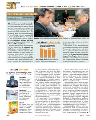 . . . mehr als die Hälfte dieser Generation lebt in der eigenen Immobilie . . . 
JEDE MENGE FRÜHRENTNER 
Anteil der Erwerbstätigen bei 
55- bis 64-Jährigen in Prozent 
38,4 
2002 
38,6 
2000 
36,8 
1990 
42,2 
1980 
Z W E I T E C H A N C E S C H U L B A N K 
Sie mehr vorhaben, als Ihre Enkel glau-ben!“). 
Doch auf der BahnCard taucht 
das Wort Senioren nicht auf. Schließlich 
will die Bahn diesen Kunden vermitteln, 
dass sie so wichtig sind wie die jüngeren 
– auch wenn sie ab 60 nur noch die Hälfte 
für die BahnCard 50 bezahlen müssen. 
● Sicherheits-Handy. Der Mobilfunkkon-zern 
Vodafone startete 2003 gemeinsam 
mit der Deutschen Seniorenliga die Ini-tiative 
„Einfach mobil telefonieren“, um 
Ältere über die Vorteile des Handys auf-zuklären 
und als Kunden zu gewinnen. 
Mit dem Vitaphone 1200 und dem Mobi- 
Click Senior Tel bietet Vodafone Model-le 
mit Notruftaste und Satellitenortungs-system 
an, die das Sicherheitsbedürfnis 
der Kunden bedienen. 
Ein universelles „Senioren-Handy“ 
fehlt bislang noch auf dem Markt. Se-nio, 
ein Fachhändler für Seniorenbedarf, 
(Slogan: „Jeder wird Kunde von Senio – 
früher oder später“) hat deshalb ein eige-nes 
Modell entworfen, das dank breiter 
Tasten und großem Display „vernünftig 
bedienbar“ sein soll. Noch sucht Senio 
allerdings einen Partner, der das Telefon 
marktreif entwickelt. 
„Dabei geht es nicht immer darum, 
Hilfsmittel zu produzieren oder dank mo-derner 
Technik Defi zite des Alters auszu-gleichen. 
Gerade die Elektronikhersteller 
haben einfach lange an den Bedürfnis-sen 
der älteren Generation vorbeient-wickelt“, 
sagt Age-Explorer-Erfi nderin 
Hanne Meyer-Hentschel. 
Nachholbedarf hat der deutsche Markt 
auch im internationalen Vergleich: Im ös-terreichischen 
Bergheim bei Salzburg 
eröffnete die Handelskette Adeg 2003 
den europaweit ersten „50-plus-Super-markt“, 
eine weitere Filiale in Wien folg-te 
Anfang dieses Jahres. In Skandinavi-en 
haben Forscher eigene verbindliche 
Normen für die Entwicklung von benut-zerfreundlichen 
Hausgeräten festgelegt. 
Und auch die Japaner haben das Poten-zial 
ihrer älteren Kunden viel früher als 
die Deutschen entdeckt – fast 40 Milliar-den 
Euro werden dort pro Jahr allein mit 
altersgerechten Produkten umgesetzt. 
Erfahrung zählt. Schlecht schneidet 
Deutschland auch im internationalen 
Vergleich ab, wenn es um die Akzep-tanz 
älterer Arbeitnehmer geht. Während 
2002 beispielsweise in Schweden 
Um bei älteren Kunden zu punkten, setzen 
Hersteller auf Größe und leichte Bedienung. 
192 Fotos: S. Lasse/Zeitenspiegel/FOCUS-Magazin 
FOCUS 13/2004 
Quelle: IWD 
Erfahren und kompetent: Das Wissen älte-rer 
Mitarbeiter kann Firmen viel bringen. 
Neuland: An der Gewerbeakademie Rottweil bilden sich Ältere zu „Betriebsmanagern Qualität“ fort 
Helmut Steinl ist ein ausgesprochen gu-ter 
Schatzsucher: Als sein Arbeitgeber, 
die Unternehmensberatung Martin Stumpe 
aus dem württembergischen Rottweil, für 
ihr Fortbildungsangebot „Betriebsmanager 
Qualität“ passende Kandidaten ab 50 Jah-ren 
suchte, wurde der 55-jährige Projektlei-ter 
schnell fündig. Unter den mehr als 150 
– überwiegend arbeitslosen – Bewerbern 
für den neunmonatigen Lehrgang entdeck-te 
Steinl Ingenieure, Techniker und sogar 
promovierte Biochemiker mit extrem viel 
Wissen und Berufserfahrung. 
Während viele deutsche Unternehmen im-mer 
noch glauben, auf die Kompetenz der 
Job-Routiniers verzichten zu können, und 
sie stattdessen entlassen oder mit Abfi n-dungen 
abspeisen, will Steinl diesen Wis-sensschatz 
heben. „Bei uns in der Region 
wollen viele kleinere Firmen die Verwaltungs-aufgaben 
für die Zertifi zierung ihres Betriebs 
am liebsten einem älteren Mitarbeiter anver-trauen“, 
erzählt er. Und für genau die eigne-ten 
sich die künftigen Absolventen des Lehr-gangs 
besonders gut. 
Eine Chance, die sich der Geschäftsfüh-rer 
der Burger Industriewerk GmbH, Wolfgang 
Förtsch, nicht entgehen lassen will: „Unter 
den 15 Teilnehmern haben wir schon einen 
passenden Kollegen gefunden.“ Förtsch setzt 
vor allem auf die lange Berufserfahrung und 
die gute Einstellung der Älteren. Schon ab 
Herbst soll sein 52-jähriger neuer Schützling 
das frisch erworbene Wissen in der Verwal-tung 
der Schonacher Firma einsetzen. 
EINFACHE LÖSUNGEN 
SICHTBAR 
Das Gigaset E 150 
von Siemens gilt 
dank großem Display 
und weniger Tasten 
als seniorentaugli-ches 
Festnetztelefon 
BEDIENBAR 
Hausgerätehersteller 
Miele legt bei der 
Entwicklung Wert auf 
leichte Handhabung 
von Knöpfen und 
Drehschaltern 
LESBAR 
Mit größerer Schrift und 
frischen, nicht fl ippigen 
Farben will Schnee-koppe 
älteren Kunden 
Geschmack auf ge-sunde 
Flocken machen 
Zehn Prozent mehr Best Ager als heute 
standen 1980 noch im Berufsleben 
 