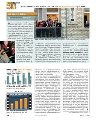 Nicht nur online aktiv: Die Frankfurter Regionalgruppe und Feierabend-Chef Alexander Wild (r.) 
gebot fi nanziert sich dank Werbebanner und 
Ko operationen, etwa mit Versandhäusern 
oder Marktforschern. So stellte Feierabend 
kürzlich im Auftrag des Viagra-Konkurrenz-produkts 
Cialis einen „Online-Potenztest“ 
ins Forum. „Innerhalb weniger Stunden ha-ben 
2000 Leute mitgemacht“, berichtet 
Alexander Wild, Vorstand der Feierabend 
AG. Längst sind die „Silver Surfer“ auch au-ßerhalb 
des Web aktiv: Neben gemeinsamen 
Freizeitaktivitäten in deutschlandweit 43 Re-gionalgruppen 
68 Prozent und in der Schweiz fast 65 
Prozent aller 55- bis 64-Jährigen noch 
im Berufsleben standen, waren es in 
Deutschland nur 38 Prozent. 
Auf dem deutschen Arbeitsmarkt sind 
ältere Beschäftigte im Wettbewerb mit 
den jüngeren meist noch die Verlierer. 
Inzwischen erkennen einige Firmen das 
brachliegende Potenzial routinierter Job- 
Veteranen. So schrieb Autozulieferer Bro-se 
jüngst seine offenen Stellen gezielt für 
Mitarbeiter ab 45 Jahren aus. Für gute 
Teamarbeit „ist ein gesunder Mix zwi-schen 
jungen und erfahrenen Beschäftig-ten 
sehr wichtig“, argumentierte Brose. 
Einen ähnlichen Weg verfolgt auch die 
Martin Stumpe AG aus dem württember-gischen 
Rottweil. Die Unternehmensbe-ratung 
hatte in einer Umfrage herausge-funden, 
dass vielen kleinen und mittleren 
Firmen in der Region qualifi zierte Mit-arbeiter 
im Qualitätsmanagement feh-len. 
Diese verantwortungsvolle Tätigkeit 
trauen die Betriebe in der Regel vor al-lem 
älteren Mitarbeitern zu. Die Reak-tion 
der Berater: Sie entwickelten eine 
Schulung, in der so genannte „Betriebs-manager 
Qualität“ ausgebildet werden – 
werden sie manchmal auch zu 
Produkttests, etwa für Computerhardware, 
eingeladen. 
Auf den Namen Feierabend ist Gründer Wild 
besonders stolz. „Der drückt genau das Le-bensgefühl 
unserer Mitglieder aus: Die ha-ben 
viel Zeit, um sich mit allem zu beschäfti-gen, 
was sie interessiert. Feierabend heißt: 
Es ist Zeit, zu tun, was man will!“ Und so ha-ben 
sich bei Feierabend bis heute schon mehr 
als zehn Hochzeitspaare kennen gelernt. 
„alte Hasen“, die dann sowohl ihr neues 
Wissen als auch ihre jahrelange Berufs-erfahrung 
in die Unternehmen einbrin-gen 
(siehe Kasten S. 192). 
Online-Oldies. Neue Erfahrungen für 
„Menschen in den besten Jahren“ bie-tet 
auch www.feierabend.com. Deutsch-lands 
größter Internet-Club für „Sil-ver 
Surfer“ hat fast 56 000 Mitglieder, 
im Schnitt 61 Jahre alt. Für Unterneh-men 
birgt die Internet-Community ein 
wertvolles Marktforschungspotenzial: 
So testeten Feierabend-Mitglieder kürz-lich 
für den Hardware-Anbieter Wacom 
einen Stift, der an Stelle der PC-Maus 
etwa in der digitalen Bildbearbeitung 
zum Einsatz kommt. Nur etwas für Ex-perten? 
„Nein, diese Zielgruppe ist ge-nau 
die richtige für dieses Produkt. Die 
haben Zeit und investieren gern in Reisen 
und andere Hobbys“, sagt Sabine Men-de 
von Wacom. Beim Test war sie jedoch 
selbst überrascht: Von den Feierabend- 
Teilnehmern brachten die meisten neben 
Urlaubsfotos gleich die eigene Digitalka-mera 
mit – oft das neueste Modell. ■ 
MELANIE CONTOLI/STEFFI SAMMET 
D I E O N L I N E - O L D I E S 
Auf www.feierabend.com tauschen sich 
„Menschen in den besten Jahren“ aus. 
Hermine schreibt über ihren Erfolg beim 
Fasten auf Schloss Dhaun, „Azalee“ 
hat sich endlich ihren Traum erfüllt und ei-nen 
Mini Cooper gekauft. Im Gesundheits-forum 
geht es heute ums „Tabuthema reife 
Erotik“, und in der Rubrik Kleinanzeigen ver-kauft 
„Cooly“ seinen Dach-Skiträger. 
www.feierabend.com gilt als eine der be-liebtesten 
Internet-Adressen für „Menschen 
in den besten Jahren“. 56 000 eingetrage-ne 
Mitglieder tauschen hier 
ihre Interessen, Sorgen und 
Fragen aus. Feierabend ist 
Info-Portal und Online-Club, 
Kontaktbörse, Flohmarkt 
und bietet Lese- sowie Dis-kussionsstoff. 
Die Mitglied-schaft 
ist kostenlos, das An- 
Im Test – Stift statt Maus: 
Die Frankfurter Feierabend- 
Mitglieder Bärbel Dreyer, 
63, und Helmut Becker, 62 
Computer- bzw. Internet-Nutzer 
zwischen 50 und 64 Jahren 
In Millionen 
6,4 
4,1 
Computer 
Internet 
4,3 
0,8 
1998 
4,5 
1,3 
1999 
5,0 
1,9 
2000 
5,6 
3,1 
2001 
2002 
Anteil der über 50-Jährigen an den 
Kinogängern in Prozent 
9,7 
2001 
8,3 
1995 
6,8 
1990 
4,2 
1985 
194 Fotos: T. Wegner/FOCUS-Magazin 
FOCUS 13/2004 
Quellen 0: AWA, IfD Allensbach Quelle: ACTA 
. . . eine Generation mit einer Kaufkraft von 90 Milliarden Euro pro Jahr . . . 
WACHSENDE BEGEISTERUNG 
DIE ZAHL DER „SILVER SURFER“ hat sich 
seit 1998 mehr als verfünffacht 
FILM AB! 
FAST JEDER ZEHNTE KINOGÄNGER 
gehört zur Generation der Best Ager 
