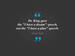“
”
Simon Sinek
Dr. King gave
the "I have a dream" speech,
not the "I have a plan" speech.
 