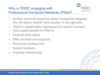 Why is TRIEC engaging with Professional Immigrant Networks (PINs)?Another practical means by which immigrants integrate into the labour market more quickly, in the right jobsTRIEC’s stakeholders expressed the need to connect more systematically to PINs to:Channel informationOffer services and supportsRecruit for employmentExpand marketsIncrease membership
