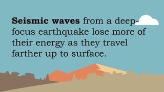 Seismic waves from a deep-
focus earthquake lose more of
their energy as they travel
farther up to surface.
 