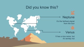 Did you know this?
Neptune
It’s the farthest planet
from the Sun
Venus
It has a nice name, but
It’s terribly hot
 