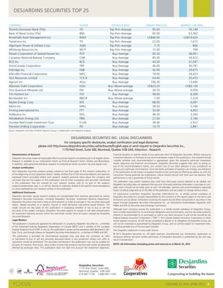Desjardins Securities Top 25

COMPANY                                                                          TICKER                                RATING & RISK                        TARGET PRICE ($)                        MARKET CAP (M$)
Toronto-Dominion Bank (The)                                                      TD                                Top Pick–Average                              95.00                                    76,149
Bank of Nova Scotia (The)                                                        BNS                               Top Pick–Average                              65.00                                    63,362
Brookfield Asset Management Inc.                                                 BAM                               Top Pick–Average                           US$40.00                                 US$19,623
TransForce Inc.                                                                  TFI                               Top Pick–Average                              22.00                                     1,615
Algonquin Power & Utilities Corp.                                                AQN                               Top Pick–Average                               7.75                                       804
Whitecap Resources Inc.                                                          WCP                               Top Pick–Average                              15.00                                       799
Potash Corporation of Saskatchewan Inc.                                          POT                                 Buy–Average                                 60.20                                    38,951
Canadian National Railway Company                                                CNR                                 Buy–Average                                 85.00                                    34,422
BCE Inc.                                                                         BCE                                 Buy–Average                                 43.20                                    31,047
TransCanada Corporation                                                          TRP                                 Buy–Average                                 46.00                                    30,781
Enbridge Inc.                                                                    ENB                                 Buy–Average                                 42.00                                    29,675
Manulife Financial Corporation                                                   MFC                                 Buy–Average                                 18.00                                    24,423
Teck Resources Limited                                                           TCK.B                               Buy–Average                                 64.40                                    20,470
Agrium Inc.                                                                      AGU                                 Buy–Average                                106.30                                    13,690
Eldorado Gold Corporation                                                        EGO                              Buy–Above-average                           US$23.25                                  US$9,126
First Quantum Minerals Ltd.                                                      FM                               Buy–Above-average                              30.55                                     9,059
Tim Hortons Inc.                                                                 THI                                 Buy–Average                                 58.00                                     8,309
Bombardier Inc.                                                                  BBD.B                            Buy–Above-average                               7.00                                     7,224
Baytex Energy Corp.                                                              BTE                                 Buy–Average                                 68.00                                     6,091
Metro Inc.                                                                       MRU                                 Buy–Average                                 58.50                                     5,184
Finning International Inc.                                                       FTT                                 Buy–Average                                 34.00                                     4,853
Dollarama Inc.                                                                   DOL                                 Buy–Average                                 46.50                                     3,343
PetroBakken Energy Ltd.                                                          PBN                                 Buy–Average                                 21.00                                     3,164
Dundee Real Estate Investment Trust                                              D.UN                                Buy–Average                                 39.00                                     2,912
Precision Drilling Corporation                                                   PD                                  Buy–Average                                 14.75                                     2,841
Source: Desjardins Securities Portfolio Advisory Group in collaboration with Research analysts.


                                                                       DESJARDINS SECURITIES INC. LEGAL DISCLAIMERS
                                                        For company specific disclosures, analyst certification and legal disclaimer,
                                  please visit http://www.desjardins-securities.ca/Disclosures/English.aspx or send request to Desjardins Securities Inc.,
                                                       1170 Peel Street, Suite 300, Montreal, Quebec H3B 0A9, Attention : Research
    Dissemination of Research                                                                                           financial situation or specific needs of any particular client of Desjardins Securities. Before making an
    Desjardins Securities makes all reasonable effort to provide research simultaneously to all eligible clients.       investment decision on the basis of any recommendation made in this publication, the recipient should
    Research is available to our institutional clients via FirstCall Research Direct, Multex and Bloomberg.             consider whether such recommendation is appropriate, given the recipient’s particular investment
    In addition, sales personnel distribute research to institutional clients via email, fax and regular mail.          needs, objectives and financial circumstances. Desjardins Securities suggests that, prior to acting on
                                                                                                                        any of the recommendations herein, you contact one of our client advisors in your jurisdiction to
    Analyst Certification
                                                                                                                        discuss your particular circumstances. Since the levels and bases of taxation can change, any reference
    Each Desjardins Securities research analyst named on the front page of this research publication, or                in this publication to the impact of taxation should not be construed as offering tax advice; as with any
    at the beginning of any subsection hereof, hereby certifies that (i) the recommendations and opinions               transaction having potential tax implications, clients should consult with their own tax advisors. Past
    expressed herein accurately reflect such research analyst’s personal views about the company and                    performance is not a guarantee of future results.
    securities that are the subject of this publication and all other companies and securities mentioned
                                                                                                                        This publication may contain statistical data cited from third party sources believed to be reliable, but
    in this publication that are covered by such research analyst, and (ii) no part of the research
                                                                                                                        Desjardins Securities does not represent that any such third party statistical information is accurate or com-
    analyst’scompensation was, is, or will be, directly or indirectly, related to the specific recommendations
                                                                                                                        plete, and it should not be relied upon as such. All estimates, opinions and recommendations expressed
    or views expressed by such research analyst in this publication.
                                                                                                                        herein constitute judgments as of the date of this publication and are subject to change without notice.
    Additional Disclosures
                                                                                                                        US institutional customers: Desjardins Securities International Inc. (a wholly owned subsidiary of
    Desjardins Securities’ equity research analysts are compensated from revenues generated by various                  Desjardins Securities Inc.) accepts responsibility for the contents of this report subject to the terms and
    Desjardins Securities businesses, including Desjardins Securities’ Investment Banking Department.                   limitations set out above. Institutions receiving this report should effect transactions in securities in the
    Desjardins Securities may have a long or short position or trade as principal in the securities discussed           report through Desjardins Securities International Inc., an institutional broker/dealer registered with
    herein, related securities or in options, futures or other derivative instruments based thereon. The                FINRA and the US Securities and Exchange Commission.
    reader should not rely solely on this publication in evaluating whether or not to buy or sell the
                                                                                                                        Although each company issuing this publication is a wholly owned subsidiary of Desjardins Group,
    securities of the subject company. Desjardins Securities expects to receive or will seek compensation
                                                                                                                        each is solely responsible for its contractual obligations and commitments, and any securities products
    for investment banking services within the next three months from all issuers covered by Desjardins
                                                                                                                        offered or recommended to or purchased or sold in any client accounts (i) will not be insured by the
    Securities Research.
                                                                                                                        Federal Deposit Insurance Corporation (“FDIC”), the Canada Deposit Insurance Corporation or other
    Legal Matters                                                                                                       similar deposit insurance, (ii) will not be considered a deposit or an obligation of Desjardins Group, (iii)
    This publication is issued and approved for distribution in Canada by Desjardins Securities Inc., a member          will not be endorsed or guaranteed by Desjardins Group, and (iv) will be subject to investment risks,
    of the Investment Industry Regulatory Organization of Canada (IIROC) and a member of the Canadian                   including possible loss of the principal invested.
    Investor Protection Fund (CIPF). In the US, this publication is issued via the exemptive relief described in SEC    The Desjardins trademark is used under licence.
    Rule 15a-6, and through reliance on Desjardins Securities International Inc., a member of FINRA and SIPC.
                                                                                                                        © 2012 Desjardins Securities Inc. All rights reserved. Unauthorized use, distribution, duplication or
    This publication is provided for informational purposes only, and does not constitute an offer                      disclosure without the prior written permission of Desjardins Securities is prohibited by law and may
    or solicitation to buy or sell any securities discussed herein in any jurisdiction where such offer or              result in prosecution.
    solicitation would be prohibited. The securities mentioned in this publication may not be suitable for
    all types of investors; their prices, value and/or income they produce may fluctuate and/or be adversely            NOTE: All information (including prices and returns) as at March 22, 2012
    affected by exchange rates. This publication does not take into account the investment objectives,




                                                                                Desjardins Securities
                                                              NT
                                            SEU       LEME                      1170 Peel Street, Suite 300,
                                 PO  SITION                                     Montreal, Quebec H3B 0A9
                                                                                514-987-1749 1-888-987-1749


                                                                                                                                                                                   Volume 23, N°4, april 2012 4
 