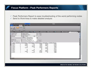  Peak Performers Report to ease troubleshooting of the worst performing nodes
 Send to Work Area to make detailed analysis
Focus Platform - Peak Performers Reports
 