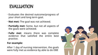 EVALUATION
• Evaluates the desired outcome/progress of
your short and long term goal.
• Not met: The goal was not achieved.
• Partially met: Some, but not all aspects of
the goals were achieved.
• Fully met: means there was complete
evidence that satisfied the entire best
practice.
For example:
After 1 day of nursing intervention, the goals
were fully met as evidence by able to do DBE
 