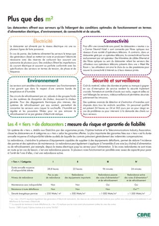 3
Plus que des m²
Les datacenters offrent aux serveurs qu’ils hébergent des conditions optimales de fonctionnement en termes
d’alimentation électrique, d’environnement, de connectivité et de sécurité.
Les 4 « tiers »de datacenters : mesure du risque et garantie de fiabilité
Un système de « tiers », établis aux Etats-Unis par des organismes privés, l’Uptime Institute et la Telecommunications Industry Association,
classe les datacenters en 4 catégories ou « tiers » selon les garanties offertes. La plus importante des garanties liées aux « tiers » est la durée
annuelle moyenne d’indisponibilité tolérée au-delà de laquelle les contrats prévoient généralement des indemnités compensatoires.
La redondance, c'est-à-dire la présence d’équipements capables de suppléer à des équipements défaillants, permet de réduire l’incidence
des pannes et des opérations de maintenance. La redondance peut également s’appliquer à l’ensemble d’une voie (ou chaîne) d’alimentation
ou de refroidissement, par exemple, depuis le réseau électrique jusqu’au serveur pour l’alimentation. Si les voies redondantes ne sont mises
en route qu’en cas de besoin, c’est une redondance passive. Si plusieurs voies fonctionnent en parallèle avec assez de capacité pour parer
à l’arrêt de l’une d’elles, c’est une redondance active.
Électricité
Le datacenter est alimenté par le réseau électrique via une ou
plusieurs lignes de forte puissance.
En cas de panne, des batteries alimentent les serveurs le temps que
des générateurs diesel se mettent en route et produisent l’électricité
nécessaire avec des réserves de carburant leur assurant une
autonomie de plusieurs jours. Des onduleurs filtrent les imperfections
du courant électrique et assurent sa parfaite conformité avec les
spécifications des serveurs en termes de tension, de phase et de
fréquence.
Environnement
Les serveurs sont sensibles à leur environnement. Leur fonctionnement
n’est garanti que dans le respect d’une certaine bande de
température et d’humidité.
Des circuits de refroidissement par air, adossés à des groupes froids
ou des systèmes de dissipation de chaleur, évacuent la chaleur
générée. Pour des dégagements thermiques plus intenses, des
systèmes de refroidissement par eau existent, permettant de
concentrer les serveurs sans risquer la surchauffe. L’humidité est
régulée et les poussières filtrées pour ne pas entraver le
refroidissement et ne pas générer d’électricité statique.
Connectivité
Pour offrir une connectivité sans pareil, les datacenters « neutres » ou
« Carrier Neutral Hotel » sont connectés par fibres optiques aux
réseaux d’une variété d’opérateurs télécoms. A contrario, dans un
datacenter géré par un opérateur télécoms, la connectivité est fournie
exclusivement par cet opérateur. Des kilomètres de câbles Ethernet et
des fibres optiques au sein du datacenter relient les serveurs des
utilisateurs aux opérateurs télécoms présents dans une « Meet Me
Room ». Les utilisateurs ont ainsi le choix du ou des prestataires pour
assurer la connectivité à Internet ou à leurs réseaux privés.
Sécurité et surveillance
Coût du matériel, valeur des données et pertes ou manque à gagner
en cas d’interruption de service rendent la sécurité triplement
cruciale. Fermeture et contrôle d’accès aux racks, cages et salles où
sont hébergés les serveurs, vidéosurveillance et périmètres sécurisés
préviennent les intrusions.
Des systèmes avancés de détection et d’extinction d’incendies sont
disposés dans tous les endroits sensibles. Un personnel qualifié
est présent 24 heures sur 24 et 365 jours par an pour réagir en
cas de problèmes ou pour intervenir à la demande des clients sur
leurs serveurs.
* Les « tiers » III et IV requièrent également des générateurs d’électricité redondants, des réserves de carburant et des batteries pour pallier sans interruption et durablement à une
défaillance du fournisseur d’électricité.
** La capacité de résistance à toute défaillance du « tier » IV implique que les voies soient physiquement isolées les unes des autres.
Source : CBRE d’après l’Uptime Institute et la norme TIA-942
« Tiers » / Catégories I II III IV
Durée annuelle moyenne
28,8 heures 22 heures 96 minutes 24 minutes
d'indisponibilité tolérée
Pas ou peu Redondance Redondance passive Redondance active
Niveau de redondance de redondance des équipements importants des voies d'alimentation* des voies d'alimentation*
et de refroidissement et de refroidissement
Maintenance sans indisponibilité Non Non Oui Oui
Résistance à toute défaillance Non Non Non Oui**
Densité énergétique permise ≥ 250 Watts/ m² ≥ 500 Watts/m² ≥ 1 000 Watts/m² ≥ 1 500 Watts/m²
 