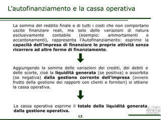 L’autofinanziamento e la cassa operativa

 La somma del reddito finale e di tutti i costi che non comportano
 uscite finanziare reali, ma solo delle variazioni di natura
 esclusivamente     contabile   (esempio:        ammortamenti    e
 accantonamenti), rappresenta l’Autofinanziamento: esprime la
 capacità dell’impresa di finanziare le proprie attività senza
 ricorrere ad altre forme di finanziamento.



 Aggiungendo la somma delle variazioni dei crediti, dei debiti e
 delle scorte, cioè la liquidità generata (se positiva) o assorbita
 (se negativa) dalla gestione corrente dell’impresa (ovvero
 frutto della gestione dei rapporti con clienti e fornitori) si ottiene
 la cassa operativa.



 La cassa operativa esprime il totale della liquidità generata
 dalla gestione operativa.
                                  13
 