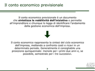 Il conto economico previsionale


          Il conto economico previsionale è un documento
      che sintetizza la redditività dell’iniziativa e permette
  all’imprenditore e chiunque lo legga di identificare l’andamento
               della gestione economica dell’impresa.




   Il conto economico rappresenta la sintesi del ciclo economico
       dell’impresa, mettendo a confronto costi e ricavi in un
       determinato periodo. Generalmente è consigliabile una
    proiezione quinquennale: mensile per i primi due anni e, se
              possibile, semestrale per i tre successivi.




                                 3
 