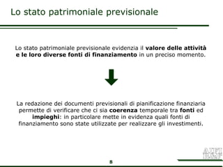 Lo stato patrimoniale previsionale



 Lo stato patrimoniale previsionale evidenzia il valore delle attività
 e le loro diverse fonti di finanziamento in un preciso momento.




 La redazione dei documenti previsionali di pianificazione finanziaria
  permette di verificare che ci sia coerenza temporale tra fonti ed
       impieghi: in particolare mette in evidenza quali fonti di
  finanziamento sono state utilizzate per realizzare gli investimenti.




                                   8
 