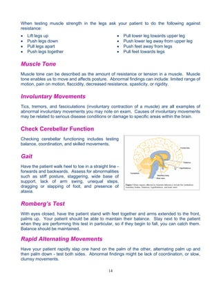 When testing muscle strength in the legs ask your patient to do the following against
resistance:
•   Lift legs up                                     •   Pull lower leg towards upper leg
•   Push legs down                                   •   Push lower leg away from upper leg
•   Pull legs apart                                  •   Push feet away from legs
•   Push legs together                               •   Pull feet towards legs

Muscle Tone
Muscle tone can be described as the amount of resistance or tension in a muscle. Muscle
tone enables us to move and affects posture. Abnormal findings can include: limited range of
motion, pain on motion, flaccidity, decreased resistance, spasticity, or rigidity.

Involuntary Movements
Tics, tremors, and fasciculations (involuntary contraction of a muscle) are all examples of
abnormal involuntary movements you may note on exam. Causes of involuntary movements
may be related to serious disease conditions or damage to specific areas within the brain.

Check Cerebellar Function
Checking cerebellar functioning includes testing
balance, coordination, and skilled movements.

Gait
Have the patient walk heel to toe in a straight line -
forwards and backwards. Assess for abnormalities
such as stiff posture, staggering, wide base of
support, lack of arm swing, unequal steps,
dragging or slapping of foot, and presence of
ataxia.

Romberg’s Test
With eyes closed, have the patient stand with feet together and arms extended to the front,
palms up. Your patient should be able to maintain their balance. Stay next to the patient
when they are performing this test in particular, so if they begin to fall, you can catch them.
Balance should be maintained.

Rapid Alternating Movements
Have your patient rapidly slap one hand on the palm of the other, alternating palm up and
then palm down - test both sides. Abnormal findings might be lack of coordination, or slow,
clumsy movements.

                                                14
 