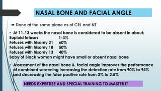 NASAL BONE AND FACIAL ANGLE
 Done at the same plane as of CRL and NT
• At 11-13 weeks the nasal bone is considered to be absent in about:
Euploid fetuses 1-3%
Fetuses with trisomy 21 60%
Fetuses with trisomy 18 50%
Fetuses with trisomy 13 40%
Baby of Black woman might have small or absent nasal bone
• Assessment of the nasal bone & facial angle improves the performance
of combined screening increasing the detection rate from 90% to 94%
and decreasing the false positive rate from 3% to 2.5%
NEEDS EXPERTISE AND SPECIAL TRAINING TO MASTER IT
 
