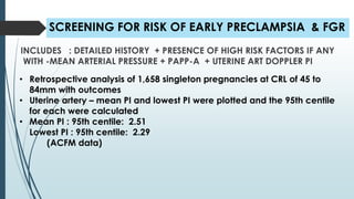 SCREENING FOR RISK OF EARLY PRECLAMPSIA & FGR
INCLUDES : DETAILED HISTORY + PRESENCE OF HIGH RISK FACTORS IF ANY
WITH -MEAN ARTERIAL PRESSURE + PAPP-A + UTERINE ART DOPPLER PI
• Retrospective analysis of 1,658 singleton pregnancies at CRL of 45 to
84mm with outcomes
• Uterine artery – mean PI and lowest PI were plotted and the 95th centile
for each were calculated
• Mean PI : 95th centile: 2.51
Lowest PI : 95th centile: 2.29
(ACFM data)
 