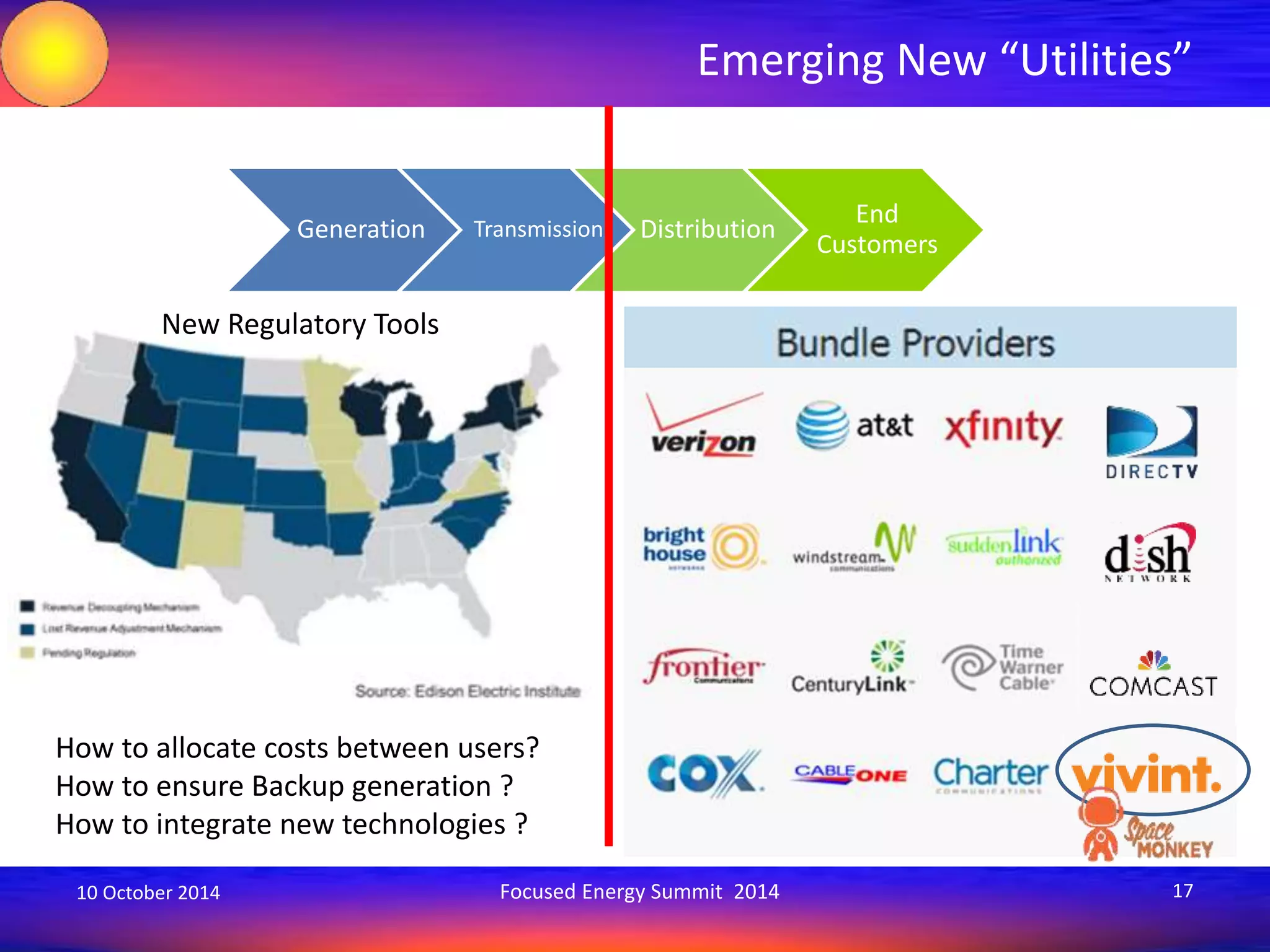 Emerging New “Utilities” 
Generation Transmission Distribution 
End 
Customers 
New Regulatory Tools 
How to allocate costs between users? 
How to ensure Backup generation ? 
How to integrate new technologies ? 
10 October 2014 Focused Energy Summit 2014 17 
 