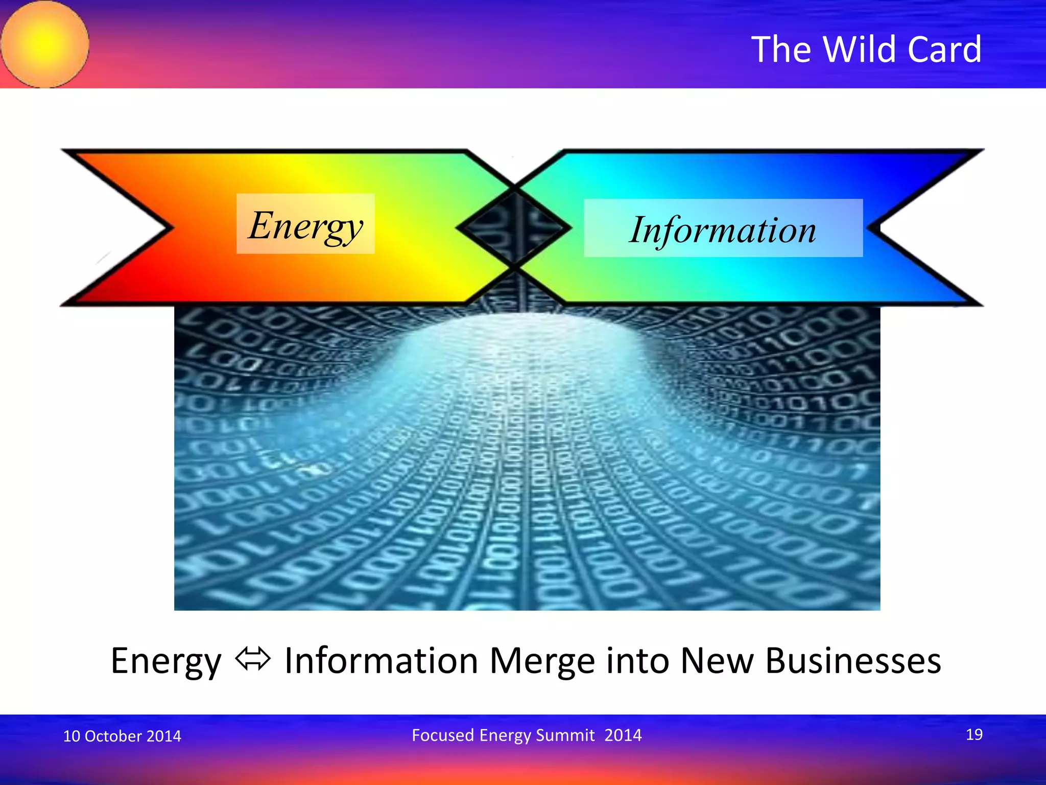The Wild Card 
Energy Information 
Energy  Information Merge into New Businesses 
10 October 2014 Focused Energy Summit 2014 19 
 