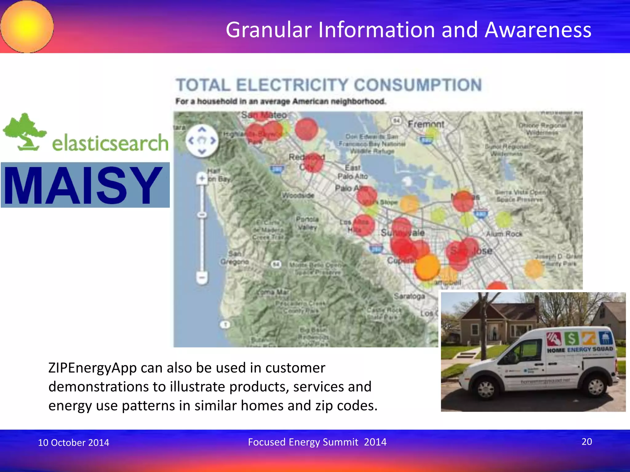 Granular Information and Awareness 
ZIPEnergyApp can also be used in customer 
demonstrations to illustrate products, services and 
energy use patterns in similar homes and zip codes. 
10 October 2014 Focused Energy Summit 2014 20 
 