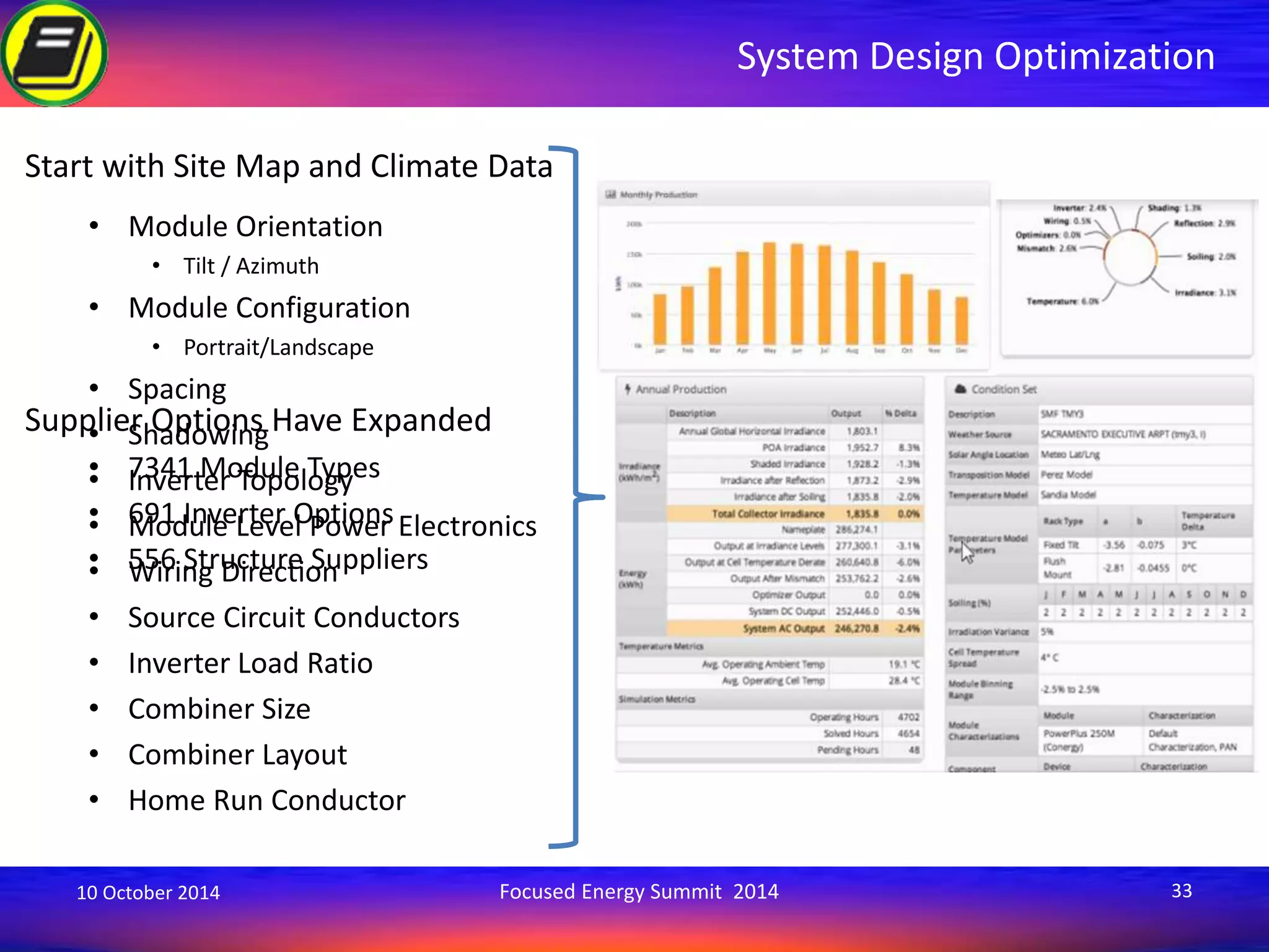 System Design Optimization 
Start with Site Map and Climate Data 
• Module Orientation 
• Tilt / Azimuth 
• Module Configuration 
• Portrait/Landscape 
• Spacing 
• Shadowing 
• Inverter Topology 
• Module Level Power Electronics 
• Wiring Direction 
• Source Circuit Conductors 
• Inverter Load Ratio 
• Combiner Size 
• Combiner Layout 
• Home Run Conductor 
Supplier Options Have Expanded 
• 7341 Module Types 
• 691 Inverter Options 
• 556 Structure Suppliers 
10 October 2014 Focused Energy Summit 2014 33 
 