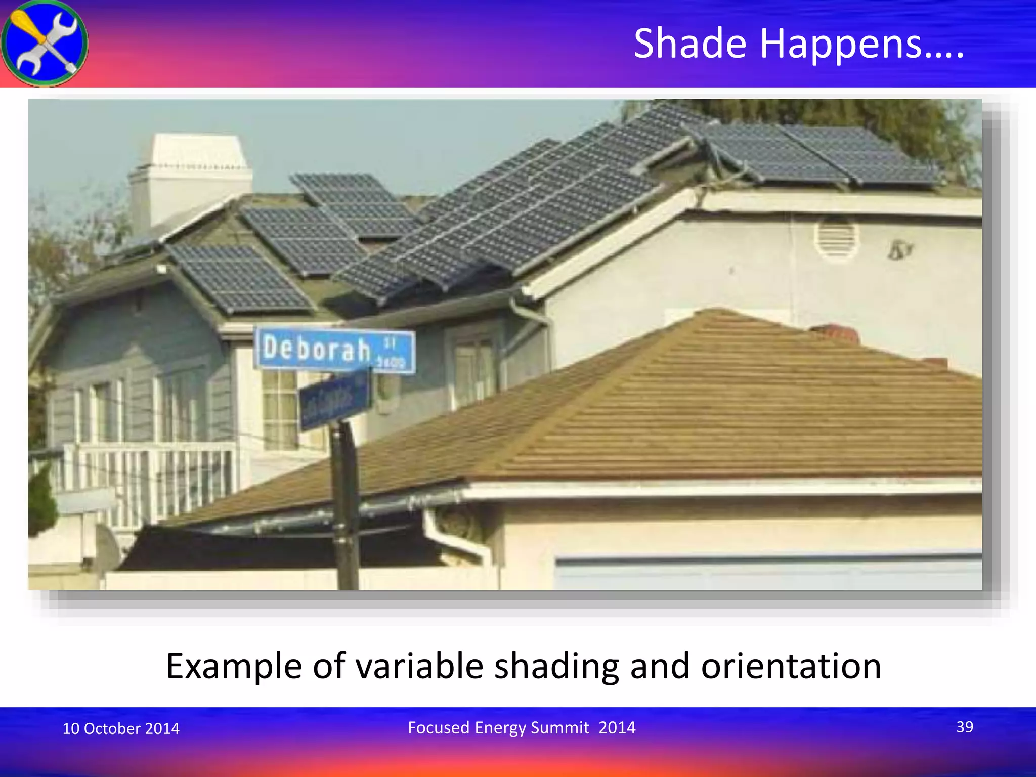 Shade Happens…. 
Example of variable shading and orientation 
10 October 2014 Focused Energy Summit 2014 39 
 