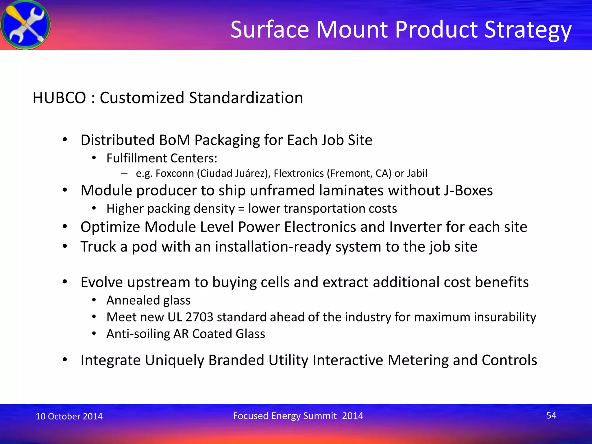 Surface Mount Product Strategy 
HUBCO : Customized Standardization 
• Distributed BoM Packaging for Each Job Site 
• Fulfillment Centers: 
– e.g. Foxconn (Ciudad Juárez), Flextronics (Fremont, CA) or Jabil 
• Module producer to ship unframed laminates without J-Boxes 
• Higher packing density = lower transportation costs 
• Optimize Module Level Power Electronics and Inverter for each site 
• Truck a pod with an installation-ready system to the job site 
• Evolve upstream to buying cells and extract additional cost benefits 
• Annealed glass 
• Meet new UL 2703 standard ahead of the industry for maximum insurability 
• Anti-soiling AR Coated Glass 
• Integrate Uniquely Branded Utility Interactive Metering and Controls 
10 October 2014 Focused Energy Summit 2014 54 
 