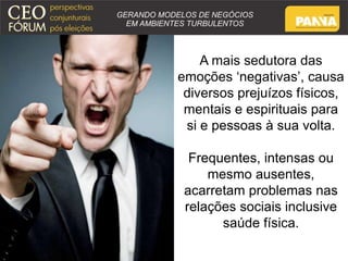 A mais sedutora das 
emoções ‘negativas’, causa 
diversos prejuízos físicos, 
mentais e espirituais para 
si e pessoas à sua volta. 
Frequentes, intensas ou 
mesmo ausentes, 
acarretam problemas nas 
relações sociais inclusive 
saúde física. 
 
