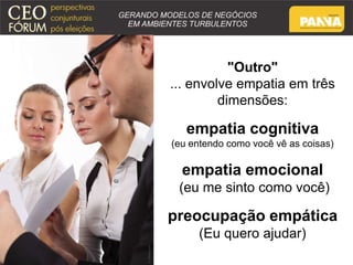 "Outro" 
... envolve empatia em três 
dimensões: 
empatia cognitiva 
(eu entendo como você vê as coisas) 
empatia emocional 
(eu me sinto como você) 
preocupação empática 
(Eu quero ajudar) 
 