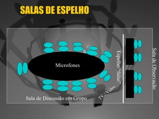 SALAS DE ESPELHO Sala de Discussão em Grupo Microfones TV / Vídeo Espelho “falso” Sala de Observação 