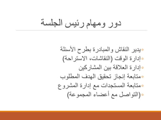 ‫دور وﻣﮭﺎم رﺋﯿﺲ اﻟﺠﻠﺴﺔ‬
‫◦ ﯾدﯾر اﻟﻧﻘﺎش واﻟﻣﺑﺎدرة ﺑطرح اﻷﺳﺋﻠﺔ‬
‫◦ إدارة اﻟوﻗت )اﻟﻧﻘﺎﺷﺎت، اﻻﺳﺗراﺣﺔ(‬
‫◦ إدارة اﻟﻌﻼﻗﺔ ﺑﯾن اﻟﻣﺷﺎرﻛﯾن‬
‫◦ ﻣﺗﺎﺑﻌﺔ إﻧﺟﺎز ﺗﺣﻘﯾق اﻟﮭدف اﻟﻣطﻠوب‬
‫◦ ﻣﺗﺎﺑﻌﺔ اﻟﻣﺳﺗﺟدات ﻣﻊ إدارة اﻟﻣﺷروع‬
‫◦ )اﻟﺗواﺻل ﻣﻊ أﻋﺿﺎء اﻟﻣﺟﻣوﻋﺔ(‬

 