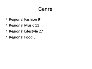 Genre
• Regional Fashion 9
• Regional Music 11
• Regional Lifestyle 27
• Regional Food 3