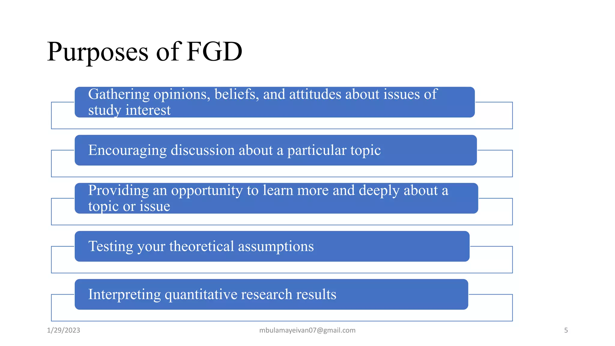 Purposes of FGD
Gathering opinions, beliefs, and attitudes about issues of
study interest
Encouraging discussion about a particular topic
Providing an opportunity to learn more and deeply about a
topic or issue
Testing your theoretical assumptions
Interpreting quantitative research results
1/29/2023 5
mbulamayeivan07@gmail.com
 