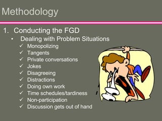 Methodology Conducting the FGD Dealing with Problem Situations Monopolizing Tangents Private conversations Jokes Disagreeing Distractions Doing own work Time schedules/tardiness Non-participation Discussion gets out of hand 