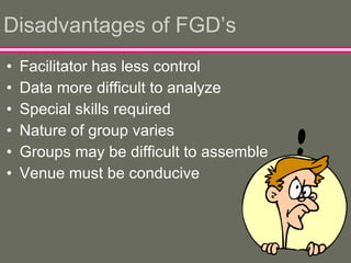 Disadvantages of FGD’s Facilitator has less control Data more difficult to analyze Special skills required Nature of group varies Groups may be difficult to assemble Venue must be conducive 