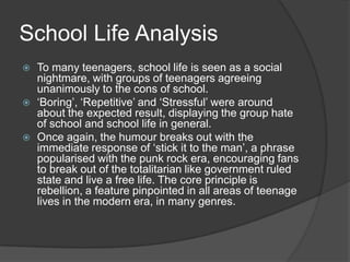 School Life Analysis






To many teenagers, school life is seen as a social
nightmare, with groups of teenagers agreeing
unanimously to the cons of school.
„Boring‟, „Repetitive‟ and „Stressful‟ were around
about the expected result, displaying the group hate
of school and school life in general.
Once again, the humour breaks out with the
immediate response of „stick it to the man‟, a phrase
popularised with the punk rock era, encouraging fans
to break out of the totalitarian like government ruled
state and live a free life. The core principle is
rebellion, a feature pinpointed in all areas of teenage
lives in the modern era, in many genres.

 