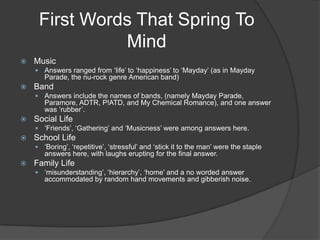 First Words That Spring To
Mind


Music
 Answers ranged from „life‟ to „happiness‟ to „Mayday‟ (as in Mayday

Parade, the nu-rock genre American band)


Band
 Answers include the names of bands, (namely Mayday Parade,

Paramore, ADTR, P!ATD, and My Chemical Romance), and one answer
was „rubber‟.


Social Life
 „Friends‟, „Gathering‟ and „Musicness‟ were among answers here.



School Life
 „Boring‟, „repetitive‟, „stressful‟ and „stick it to the man‟ were the staple

answers here, with laughs erupting for the final answer.


Family Life
 „misunderstanding‟, „hierarchy‟, „home‟ and a no worded answer

accommodated by random hand movements and gibberish noise.

 