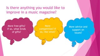 Is there anything you would like to
improve in a music magazine?
More free gifts?
If so, what kinds
of gifts?
More
competition? If
so, like what?
More advice and
support on
issues?
 