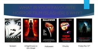 WHAT IS YOUR FAVOURITE
HORROR FILM (SLASHER) & WHY?
Scream A Nightmare on
Elm Street
Halloween Chucky Friday the 13th
 