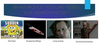 WHAT WOULD YOU LIKE TO SEE
IN A HORROR MOVIE?
Plot twist Gruesome Killings Jump scares Emotional backstory
 