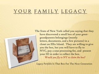 YourFamilylegacy 1 The State of New York called you saying that they have discovered a small box of your great-grandparents belongings (mostly letters, documents, and a few pictures) in a closet on Ellis Island.  They are willing to give you the box, but you will have to fly to NYC, pay a $250 processing fee, and  present your ID in order to collect the box.  	Would you fly to NY to claim the box? Legacy Portfolio Is That Box For The Next Generation 