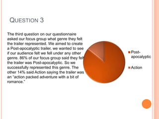 QUESTION 3
The third question on our questionnaire
asked our focus group what genre they felt
the trailer represented. We aimed to create
a Post-apocalyptic trailer, we wanted to see
if our audience felt we fell under any other
genre. 86% of our focus group said they felt
the trailer was Post-apocalyptic. So we
successfully represented this genre. The
other 14% said Action saying the trailer was
an “action packed adventure with a bit of
romance.”
Post-
apocalyptic
Action
 