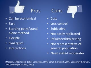 Cons
• Can be economical
• Fast
• Starting point/stand
alone method
• Flexible
• Synergism
• Interactions
• Cost
• Less control
• Subjective
• Not easily replicated
• Influenced/Polarizing
• Not representative of
general population
• Need skilled moderator
(Morgan, 1988; Young, 1993; Connaway, 1996; Schuh & Upcraft, 2001; Connaway & Powell,
2010; Mellinger & Chau, 2010)
Pros
 