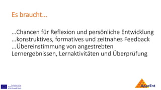 ...Chancen für Reflexion und persönliche Entwicklung
...konstruktives, formatives und zeitnahes Feedback
...Übereinstimmung von angestrebten
Lernergebnissen, Lernaktivitäten und Überprüfung
Es braucht...
 