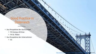 Good Practice in
Österreich
• Aus Perspektive der Hochschulen
• FH Campus 02 Graz
• FH St. Pölten
• Aus Perspektive der Unternehmen
• A1
https://pixabay.com/de/manhattan-bridge-new-york-br%C3%BCcke-3341613/, 23.4.2018
 