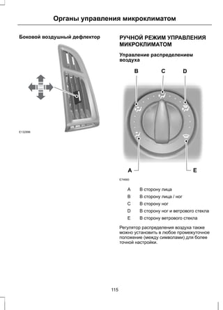 Органы управления микроклиматом 
Боковой воздушный дефлектор 
E132996 
РУЧНОЙ РЕЖИМ УПРАВЛЕНИЯ 
МИКРОКЛИМАТОМ 
Управление распределением 
воздуха 
A 
E74660 
C B D 
E 
A В сторону лица 
B В сторону лица / ног 
С В сторону ног 
D В сторону ног и ветрового стекла 
E В сторону ветрового стекла 
Регулятор распределения воздуха также 
можно установить в любое промежуточное 
положение (между символами) для более 
точной настройки. 
115 
 