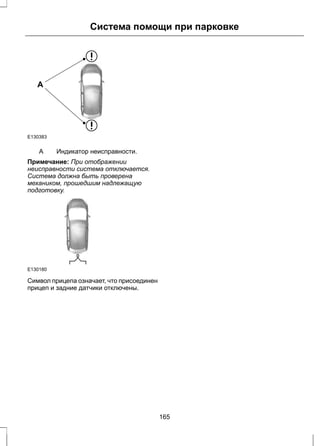 A 
E130383 
Система помощи при парковке 
A Индикатор неисправности. 
Примечание: При отображении 
неисправности система отключается. 
Система должна быть проверена 
механиком, прошедшим надлежащую 
подготовку. 
E130180 
Символ прицепа означает, что присоединен 
прицеп и задние датчики отключены. 
165 
 