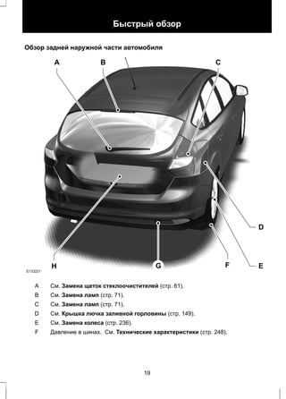Быстрый обзор 
Обзор задней наружной части автомобиля 
E133221 
D 
A B C 
H F 
G E 
A См. Замена щеток стеклоочистителей (стр. 61). 
B См. Замена ламп (стр. 71). 
С См. Замена ламп (стр. 71). 
D См. Крышка лючка заливной горловины (стр. 149). 
E См. Замена колеса (стр. 236). 
F Давление в шинах. См. Технические характеристики (стр. 248). 
19 
 
